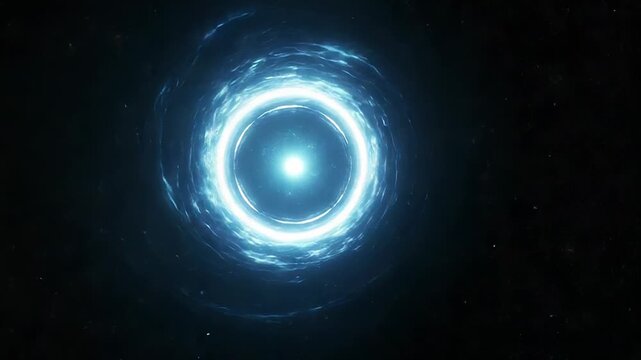 Cosmic black hole vortex forming a tunnel with glowing blue energy and stars, representing abstract concepts of space, time travel, and gravitational singularity