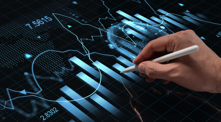 Hand using digital pen to interact with futuristic HUD interface showing data charts, graphs, and glowing holographic elements on a tech screen background.