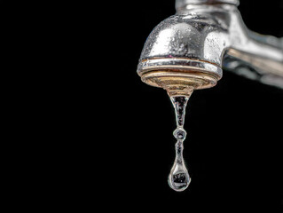 Detailed view of a single water droplet hanging from a metal faucet against a black background highlighting water conservation and supply issues