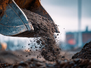 Excavator bucket unloading fresh soil on construction site with blurred industrial background during daylight hours for earthmoving works