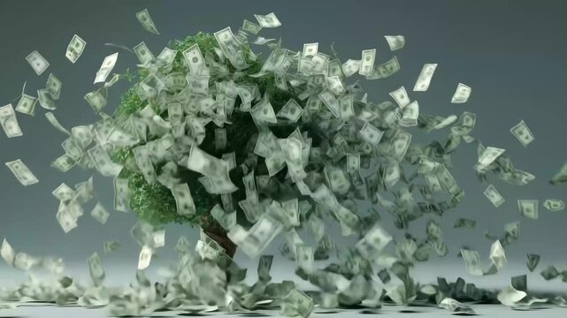Money tree with dollar bills swirling around in a creative representation of wealth and prosperity