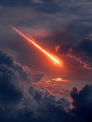Fiery meteor streaking through dark stormy clouds during vibrant sunset creating dramatic sky and powerful cosmic spectacle above the horizon