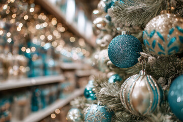 Sparkling blue and silver ornaments decorate a festive holiday tree with shimmering lights creating a warm and cheerful seasonal ambiance in a cozy setting