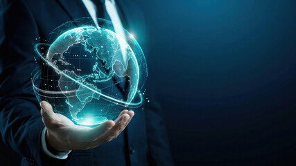 Digital globe with network connection in hand of businessman, futuristic technology concept with glowing earth and data lines