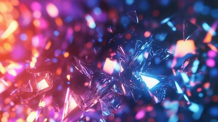 Crystal shards with faceted reflections scatter colorful bokeh lights across a vivid neon blue, purple and orange background, creating a dynamic, futuristic sparkling texture - Powered by Adobe