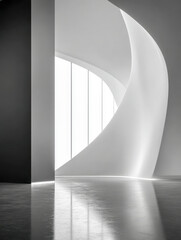 Minimalist modern interior featuring smooth curved wall and large vertical windows with natural light reflecting on polished floor surface creating elegant ambiance