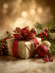 Festive wrapped gift with glittering red and gold ribbons surrounded by holiday ornaments, pine needles, cones, and red berries on a warm glowing background