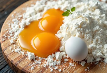 Close-up of fresh pasta ingredients on a wooden board, flour and eggs ,  rustic,  eggs