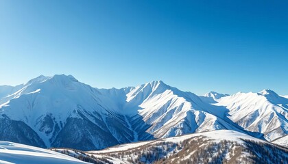 Crisp, snow-covered mountain range under a clear, blue winter sky,  frozen,  clear
