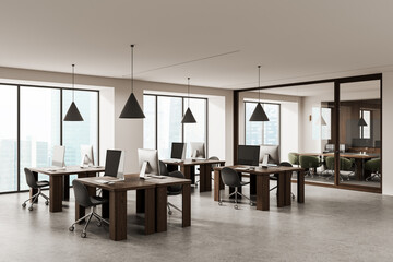 Modern open space office interior with wooden desks, computers, pendant lights, and glass-walled meeting room in high-rise building environment. 3D Rendering