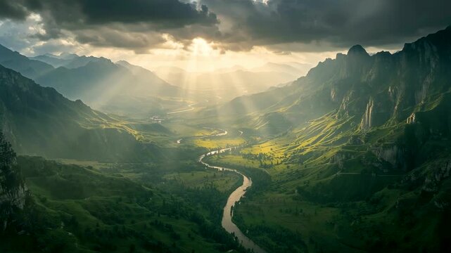 Lush green valley with winding river illuminated by sun rays breaking through clouds between mountains
