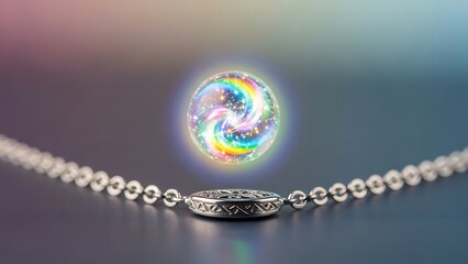 Elegant silver necklace with a sparkling rainbow crystal pendant on a blurred background