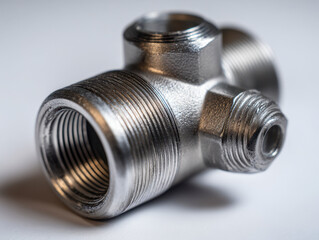 Macro shot of a shiny metallic pipe fitting with multiple threaded openings designed for joining plumbing or hydraulic system components together securely