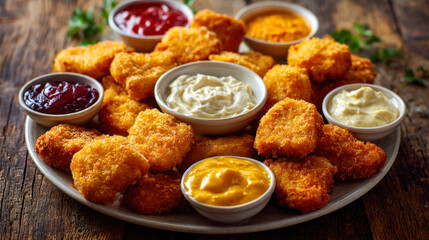 A large platter of golden crispy breaded chicken nuggets surrounded by bowls of creamy and tangy dipping sauces on a rustic wooden surface