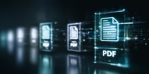 A futuristic digital composition showcases multiple glowing PDF icons, representing the essence of data, information, and communication in the digital realm.