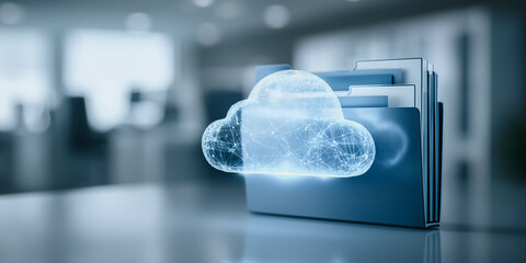 The digital cloud icon hovers over a file folder, with a focus on data storage, digital information, and networking.