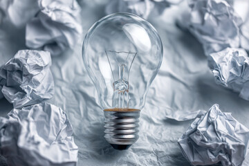 Clear incandescent light bulb placed among crumpled paper balls symbolizing creativity and innovation within a conceptual workspace setting