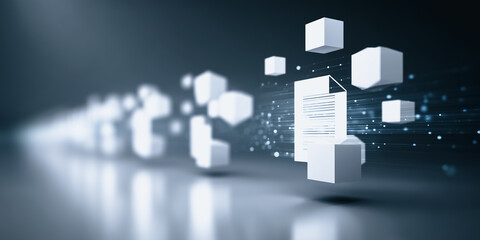 Abstract digital representation, a file floating surrounded by cubes and trails of light. Ideal for illustrating technological innovation. 