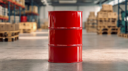 Bright red industrial metal drum standing on a concrete floor inside a spacious warehouse filled with stacked wooden pallets and cardboard boxes in the background