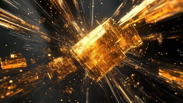 Abstract cube of glowing golden blocks emits rays and particles on a dark backdrop, symbolizing high speed data transfer, blockchain networks, ai driven connectivity and secure digital flow