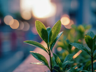 A vibrant green plant with detailed veins illuminated by golden sunlight with a softly blurred urban background creating a peaceful fresh atmosphere