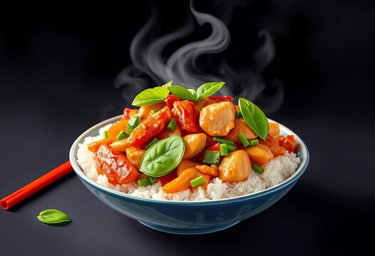 Dynamic illustration of pad kra pao, a flavorful stir-fry with basil and your choice of meat, often served over rice,  stir fry, thai food