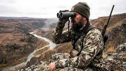 Hunter Using Binoculars in Mountainous Terrain.