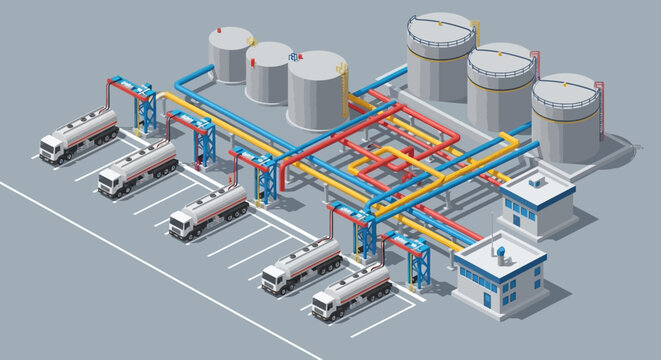 Isometric View of Fuel Depot with Tanker Trucks.