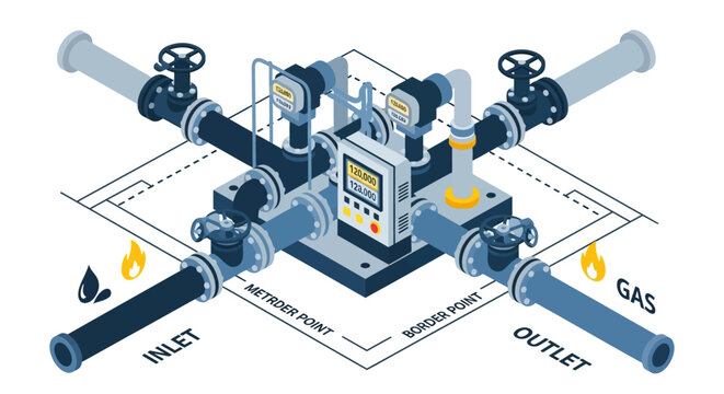 Isometric view of industrial gas and liquid flow meter system.