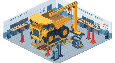 Large yellow dump truck undergoing maintenance in a repair shop. © Fais