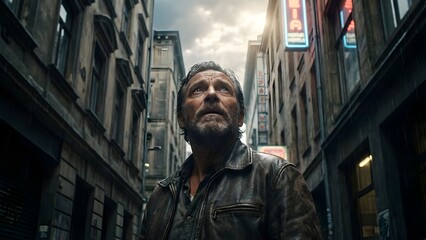 Man Standing in Narrow Urban Alleyway at Night.
