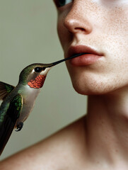 Naklejka premium Hummingbird Gently Touching Man’s Lips in Artistic Surreal Nature Portrait