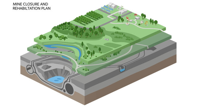 Mine closure and rehabilitation plan showing environmental restoration process.