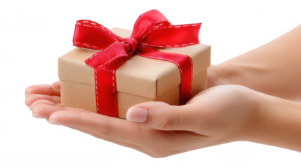 Person's hands carefully holding a small brown gift box tied with a bright red ribbon. Presenting a gesture transparent on thoughtful background