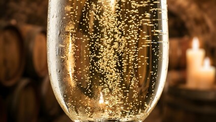 Celebratory Glass of Sparkling Champagne with Bubbles and Warm Candlelight Background.
