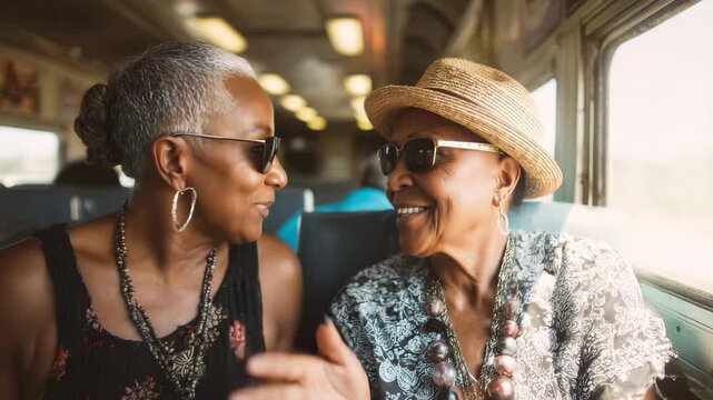 Two elderly women smiling together while enjoying a train ride during a sunny day