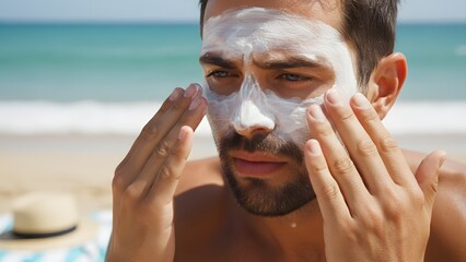 Young Man Applying Sunblock Cream on Face at Beach.