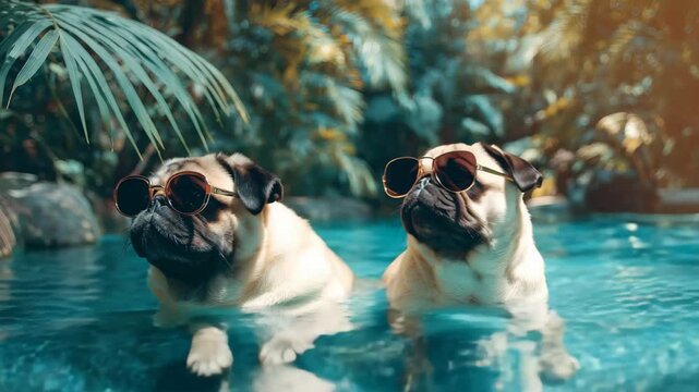 Two pugs enjoy a sunny day in a pool while wearing sunglasses surrounded by lush tropical plants