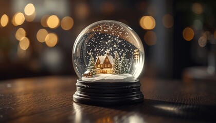 Miniature winter cabin scene inside a glass snow globe resting on a dark wooden table with bokeh lights