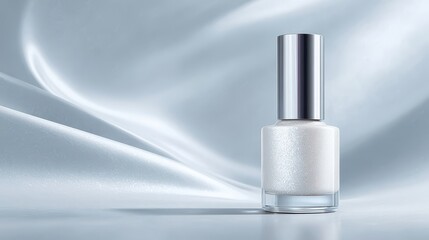 Shimmery white nail polish bottle mockup on soft silk background with elegant lighting, representing the cloud dancer color of the year 2026