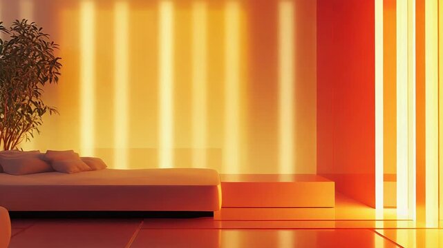 Contemporary minimalist living room featuring a long sofa and a lush potted plant, illuminated by warm orange and yellow ambient light from vertical neon tubes and indirect wall lighting