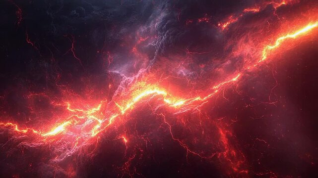 Abstract cosmos showing red and orange lightning energy discharge, flowing through dark purple gaseous clouds, representing powerful universal forces and electric currents