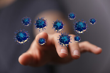 Visual representation of the coronavirus touching, hand interaction, health concerns, medical illustration, in