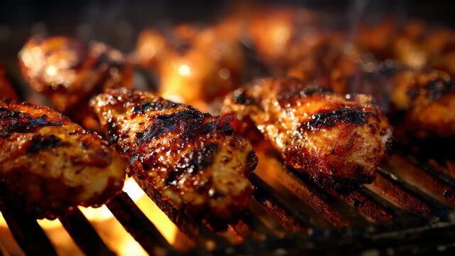 Grilling juicy chicken wings over an open flame during a summer barbecue at a backyard gathering with friends