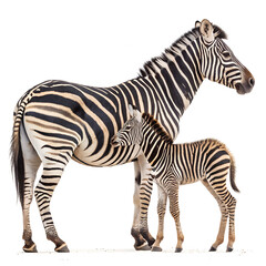 Fototapeta premium Female Zebra with Baby, Adult and Juvenile Zebra Walking and Nursing Isolated on White Background. beautiful black and white zebra.