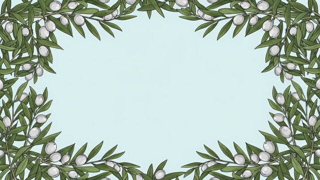 Elegant Olive Branch Frame with White Olives on a Light Blue Background. - Powered by Adobe