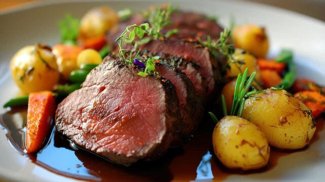 Deliciously prepared beef with roasted vegetables and herbs served on a plate at a fancy restaurant during dinner time