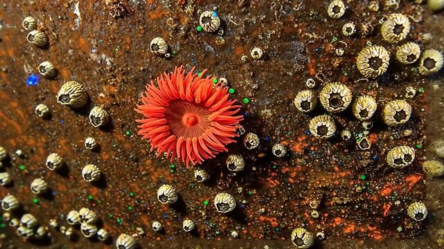 Vibrant red sea anemone surrounded by barnacles on a textured underwater surface.