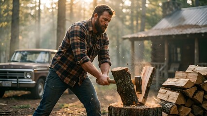 Man chopping firewood in forest setting during daytime.