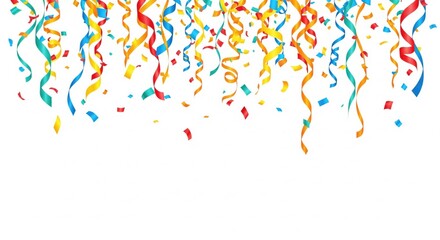 Vibrant confetti and streamers celebrate brightly on white